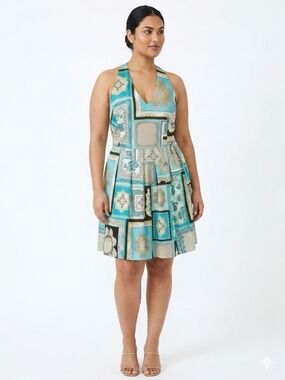 Spense Teal Patchwork Halter Mini Dress with Cream and Black Accents
